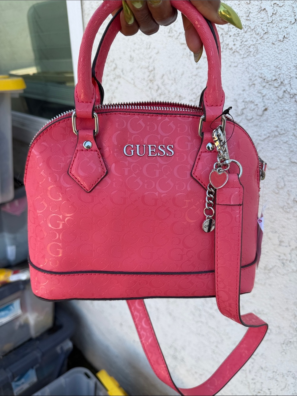 GUESS Coral Pink Dome Satchel with Logo Charm